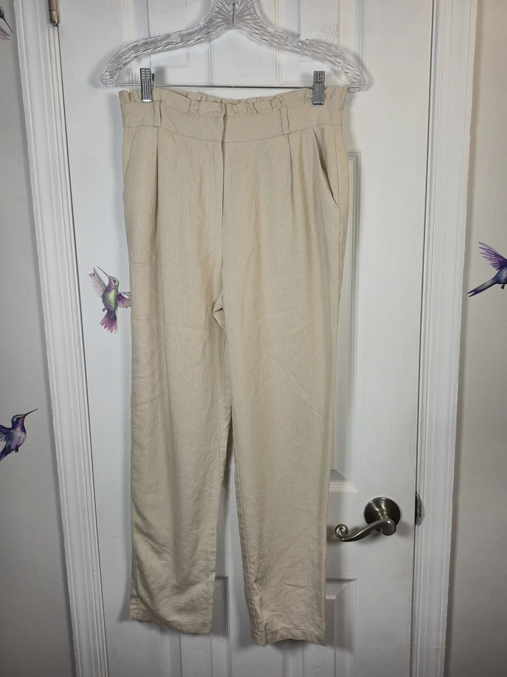 HAVE Linen Blend High Rise Paperbag Tapered Pants - Tan Beige M